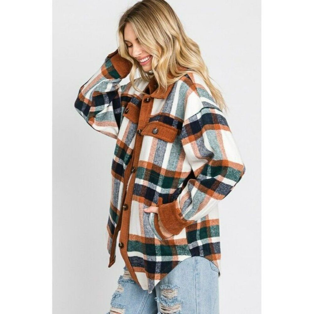 GeeGee Clothing Plaid Button Up Shirt Jacket Shacket Camel Combo S-L SJ1798 - Picture 2 of 5